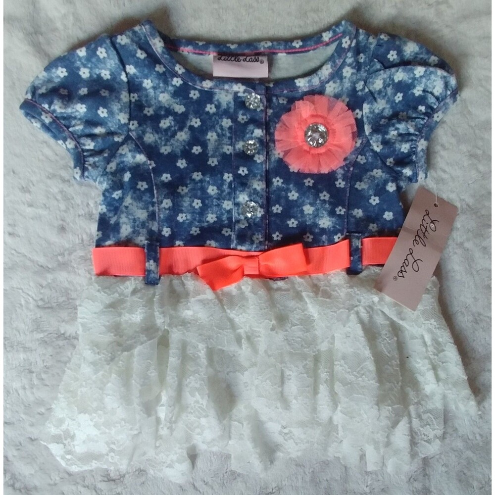 dress 6 to 9 months New Little Lass Baby girl blue and white lace ruffle infant